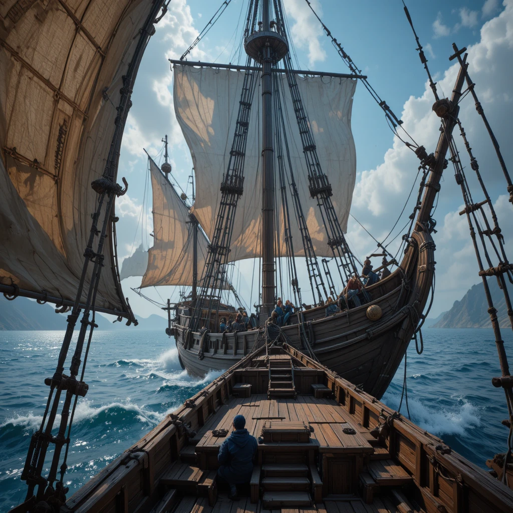 Cubierta de barco de carga de fantasía vista en primera persona