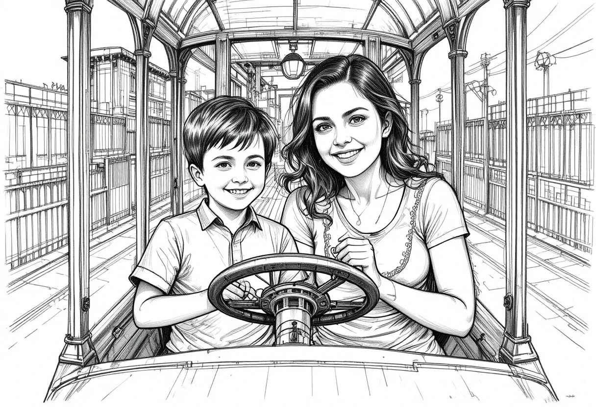 Vintage black and white portrait of a family on a ride