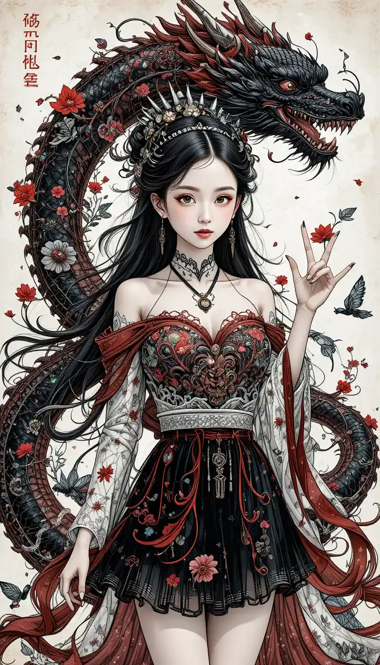 Chinese dragon goddess girl with black dragon companion