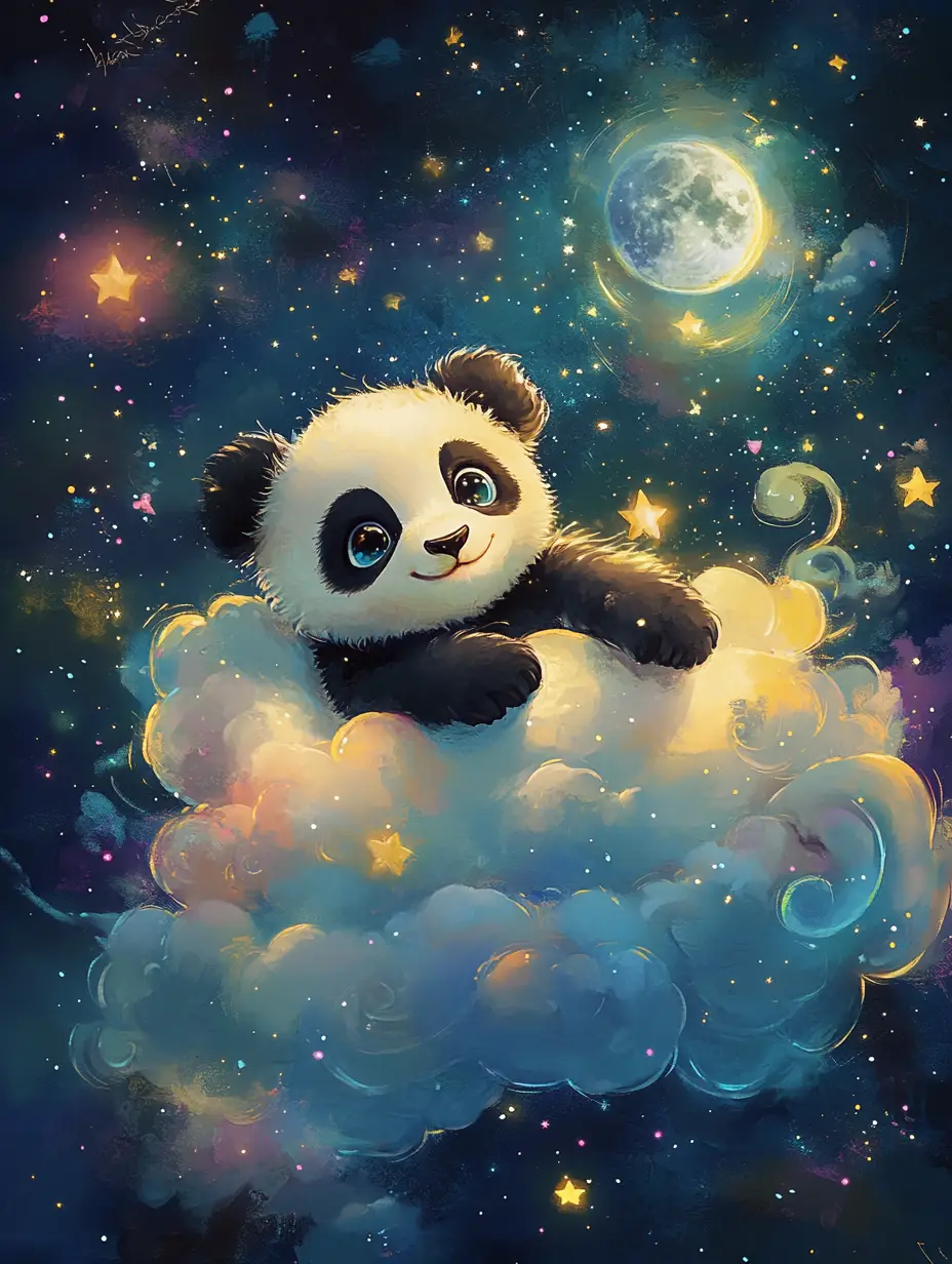Süßes Pandababy, das nachts eine flauschige Wolke umarmt