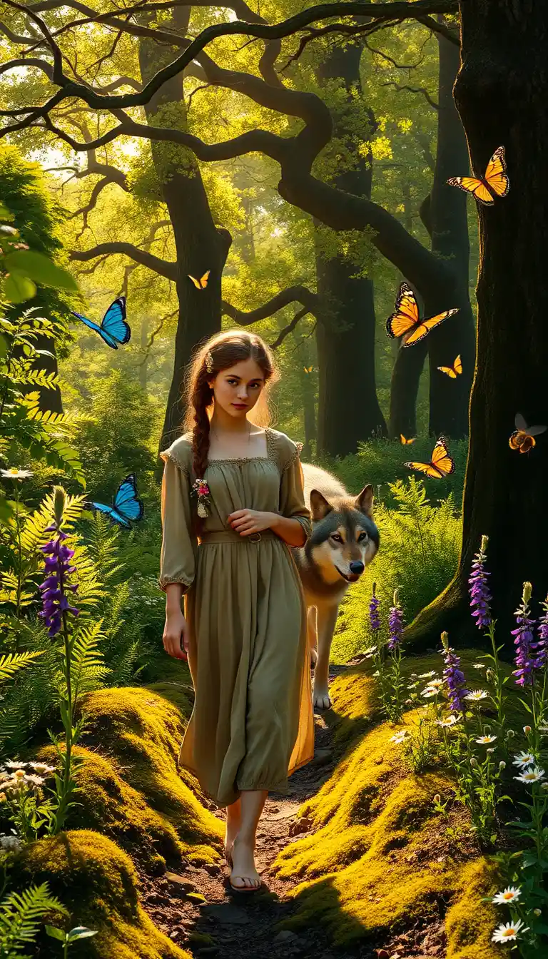 Peasant Girl Walking With Wolf In Sunlit Summer Forest