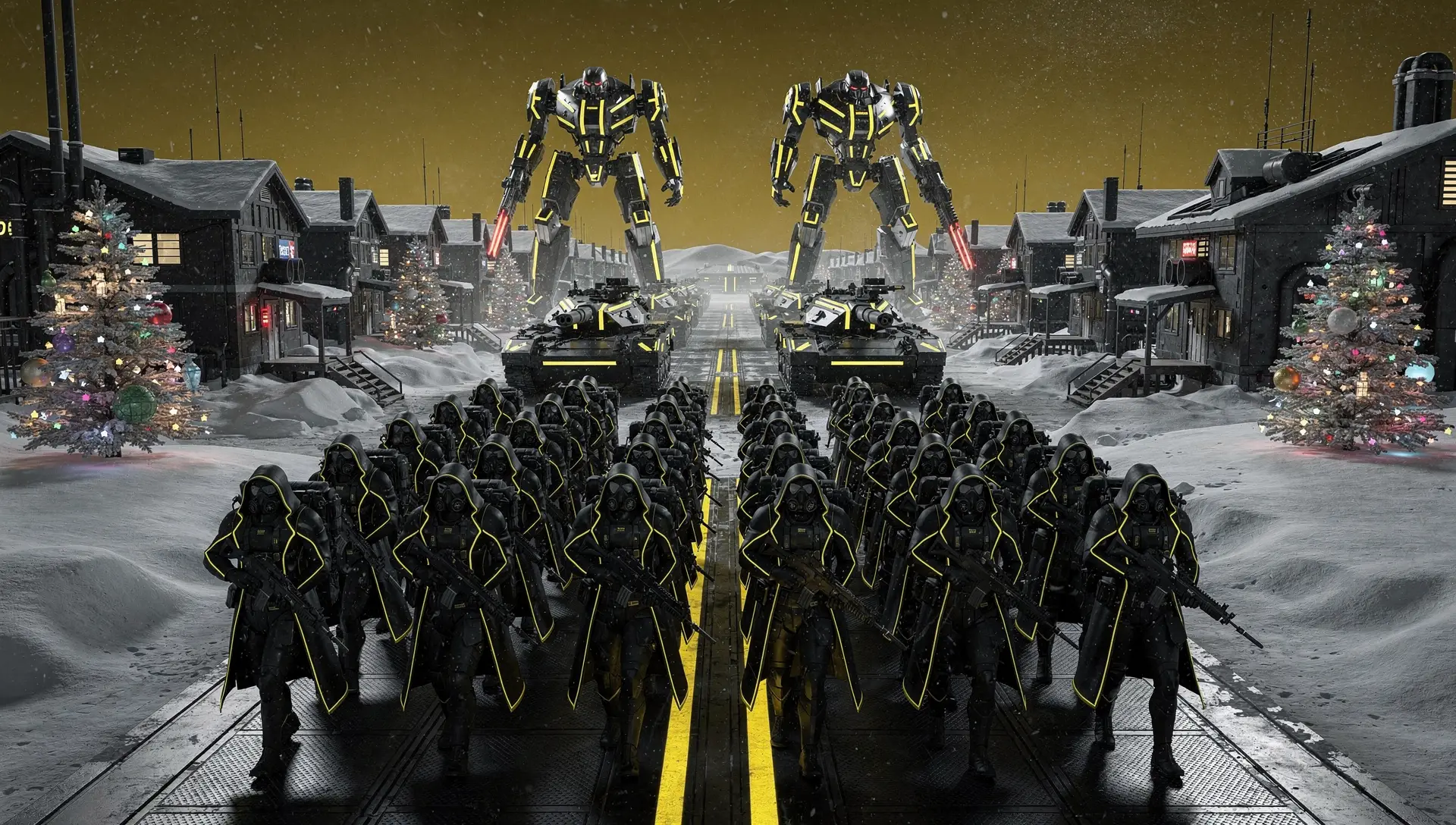 Futuristic armored column marching through snowy sci fi base