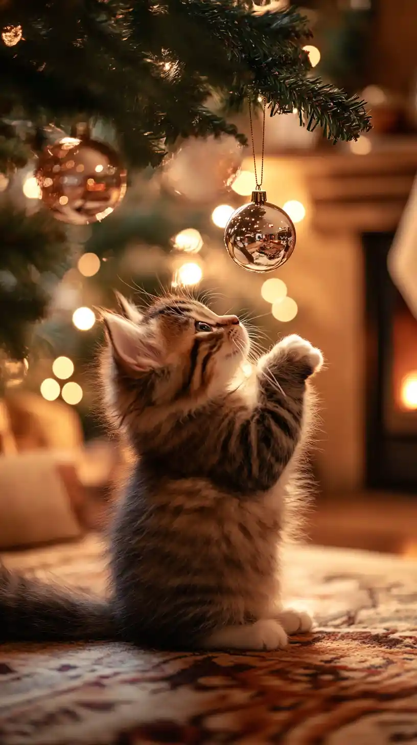 Curious kitten gazing into a glowing christmas ornament