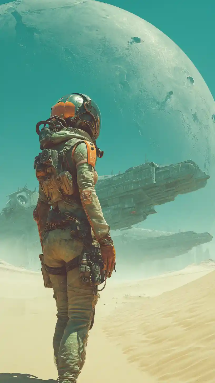 Heroic woman in sci fi desert suit on alien dunes
