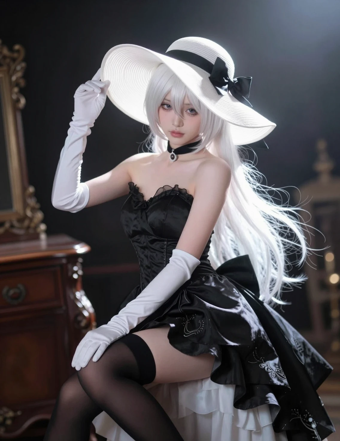 Elegant white haired woman in hat under cinematic spotlight