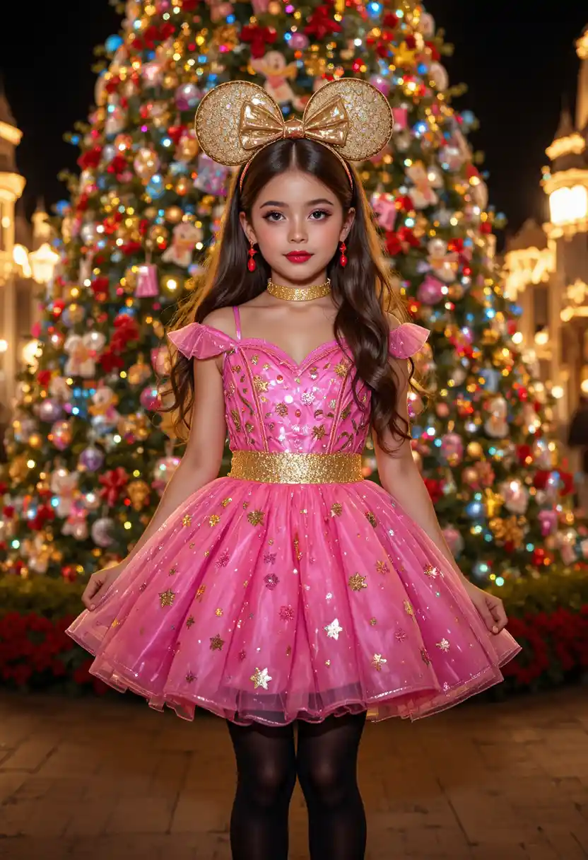 Junge im Tween-Alter als rosa Weihnachtsprinzessin in der Nacht verkleidet