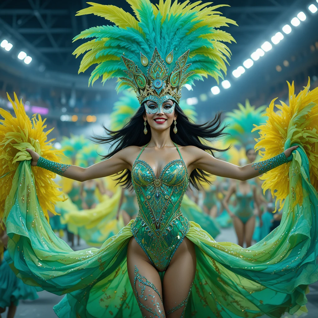 Korean dancer twirling in feathered Rio carnival parade