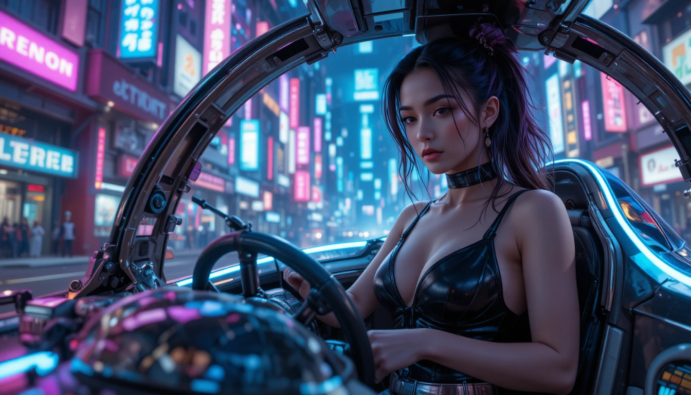 Woman piloting a futuristic hovercraft in neon cyberpunk city