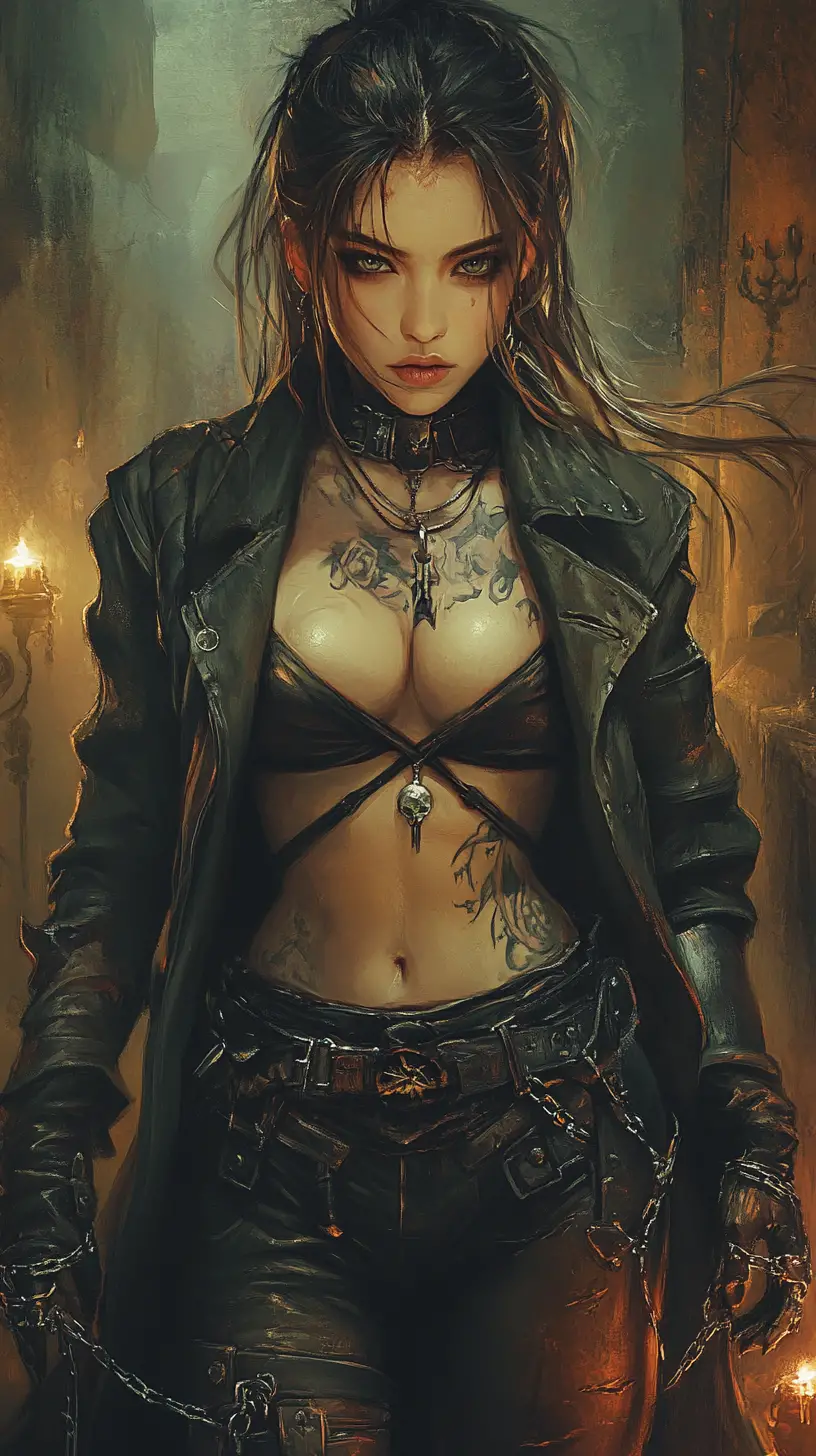 Anime heroine in chains lit by eerie candlelight