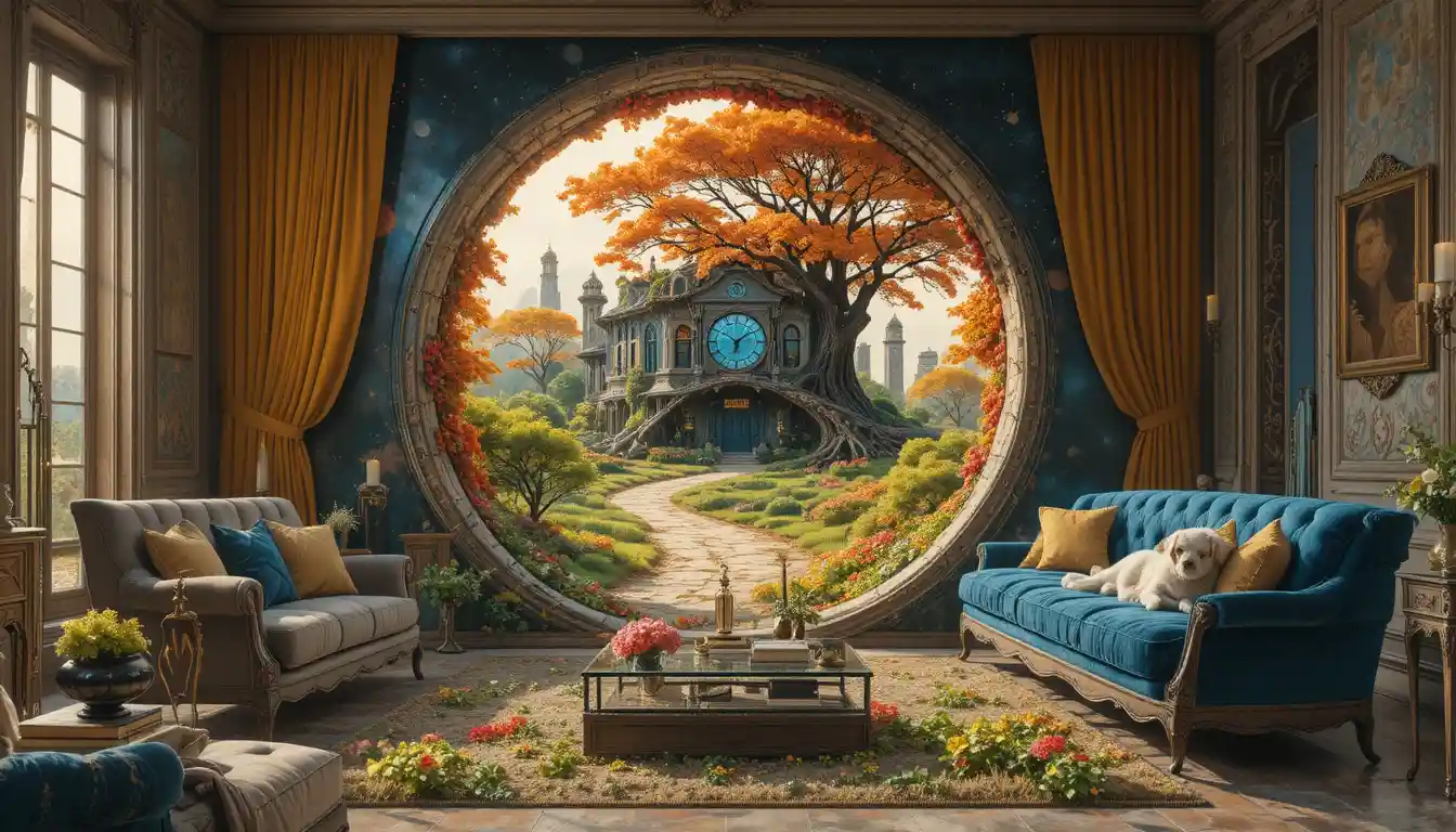 Surreal living room with portal and broken marble floor