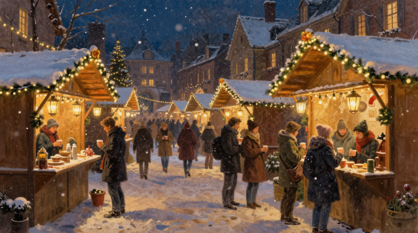 Snowy Christmas market square glowing with warm lantern light