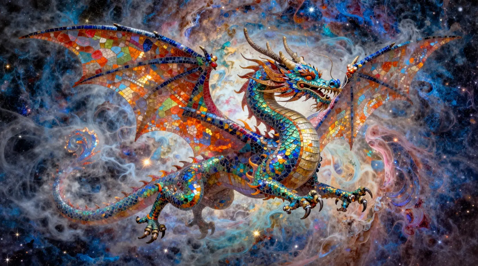 Celestial dragon soaring through a radiant cosmic nebula