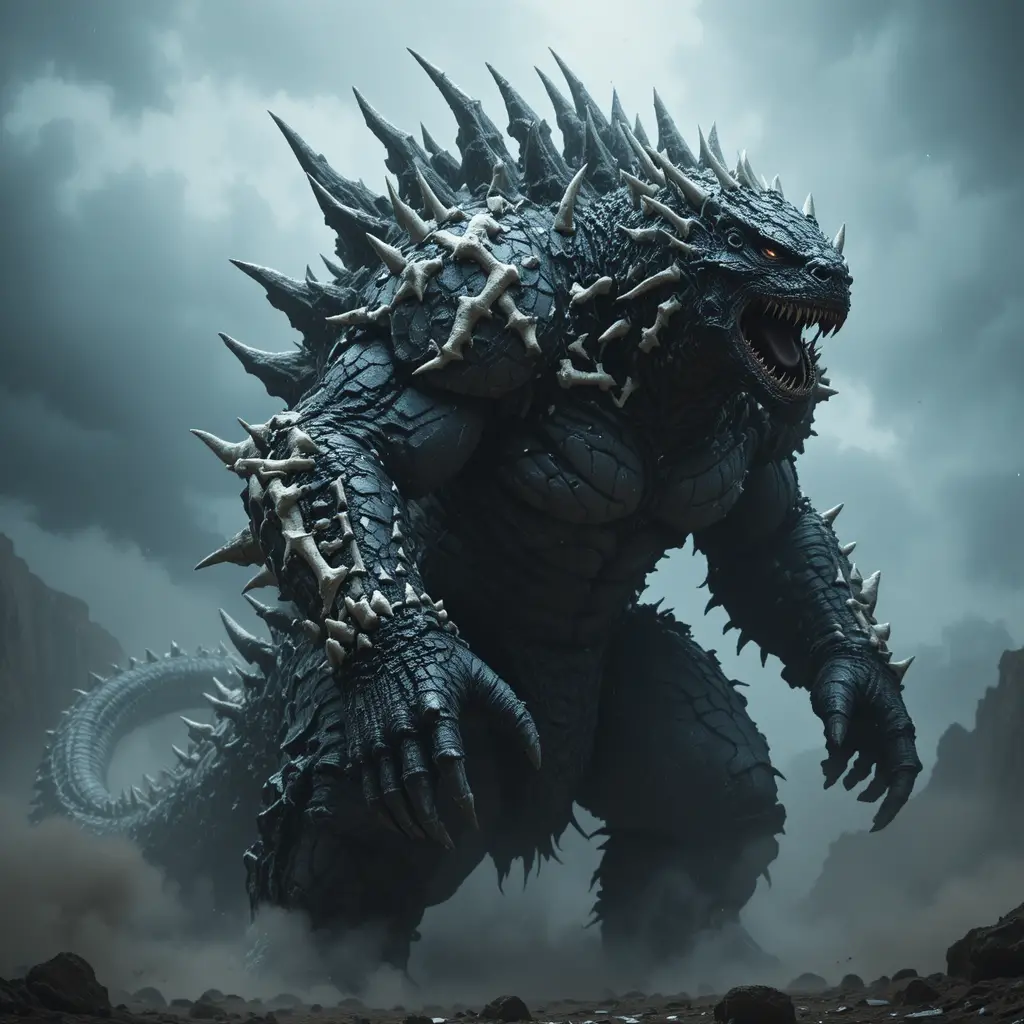 Colossal Armored Monster Striding Across Stormy Battlefield