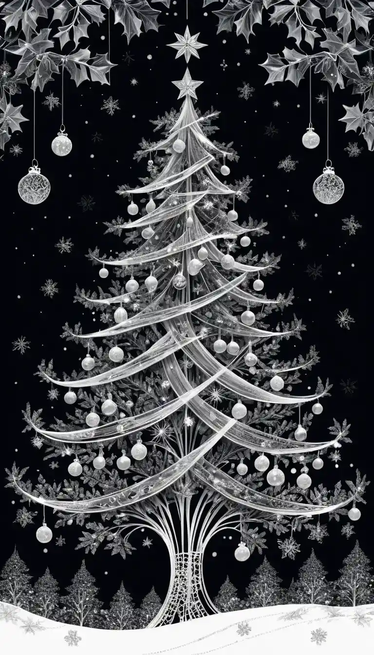 Ink Christmas tree in a whimsical winter wonderland scene
