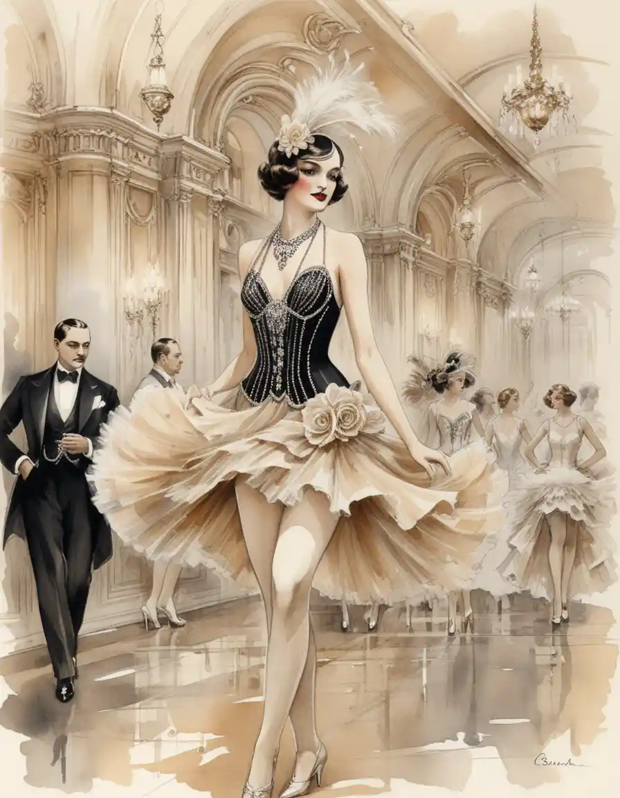Glamorous 1920s cabaret dancer in baroque palace ballroom