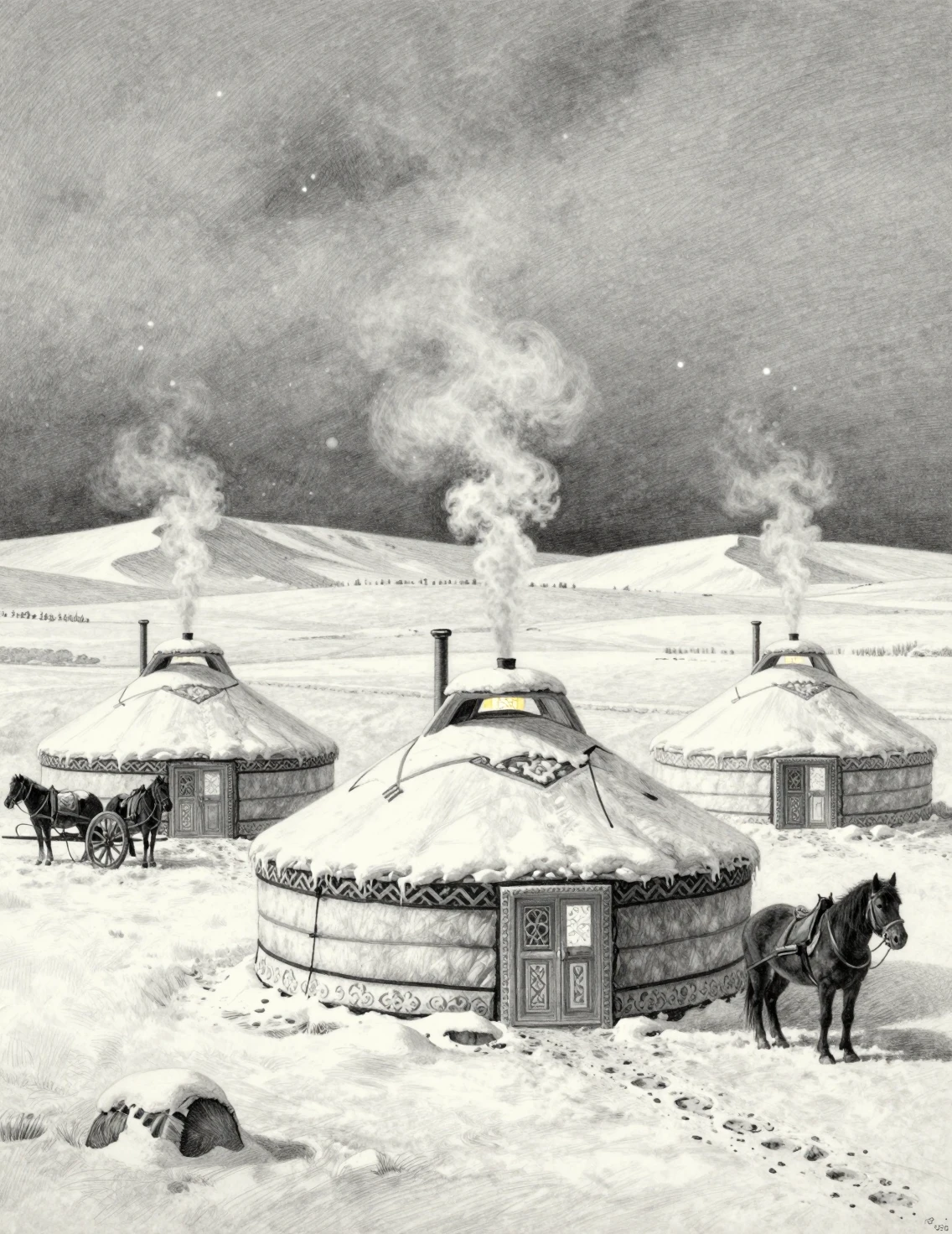 Mongolische Jurten auf einer friedlichen verschneiten Wintersteppe