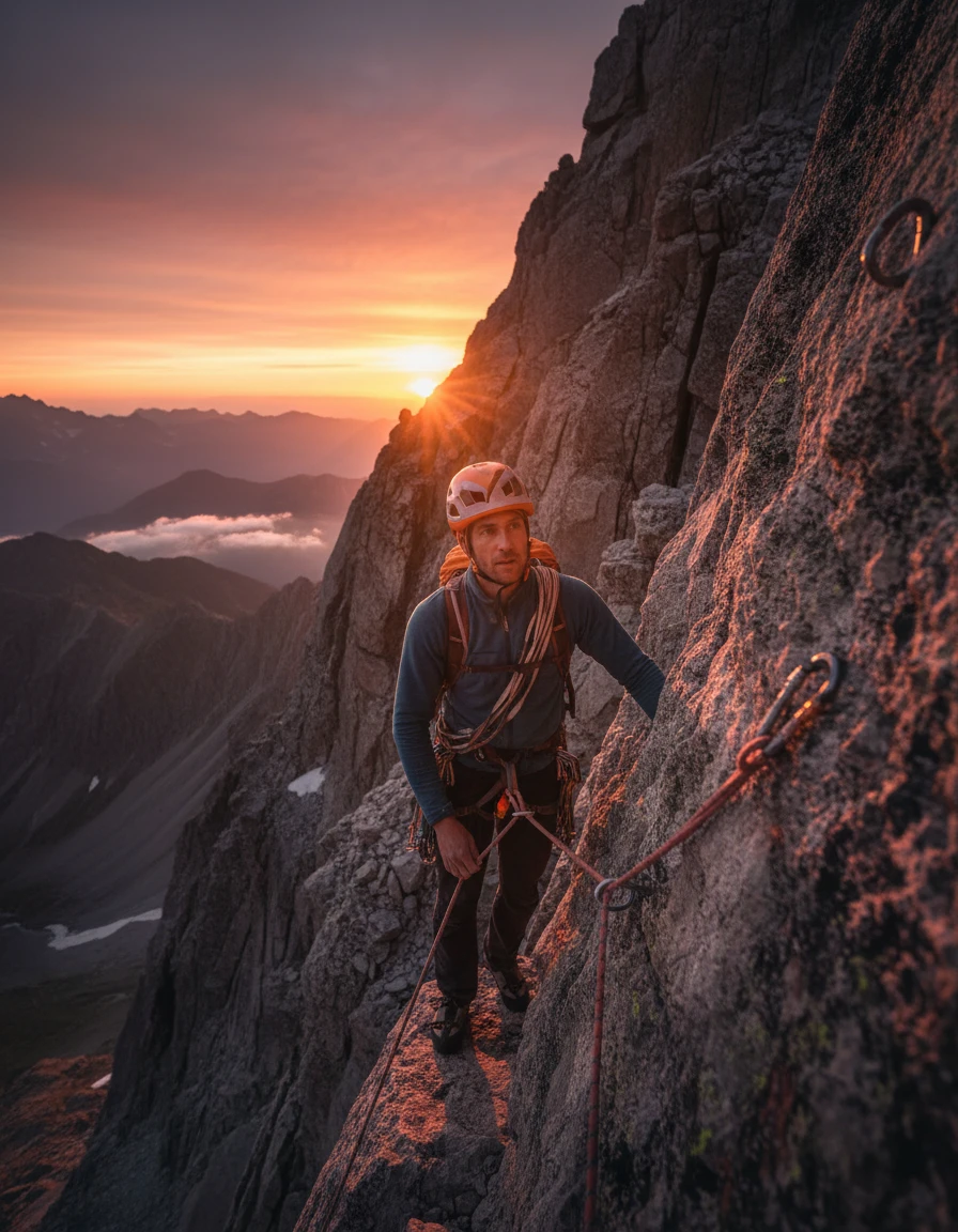 Felskletterer, der bei Sonnenuntergang einen hohen Berg erklimmt