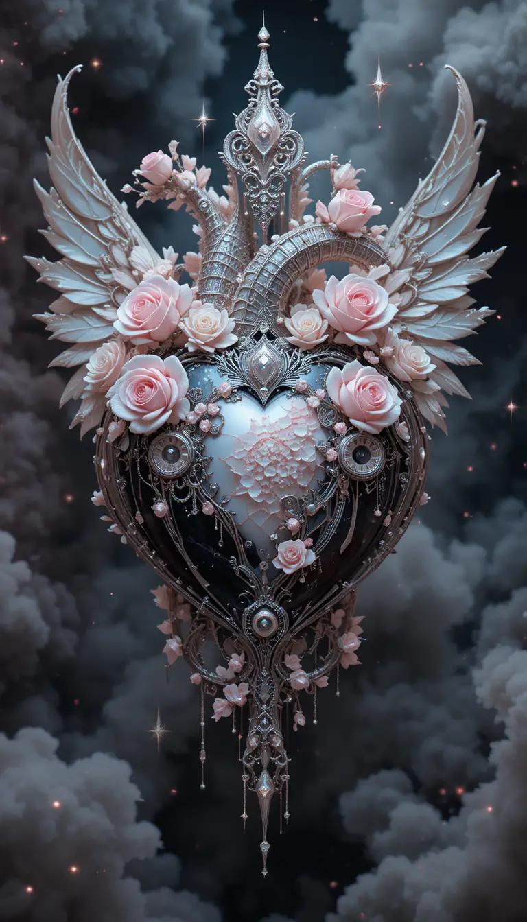 Black heart with pearl gears wings and roses motif