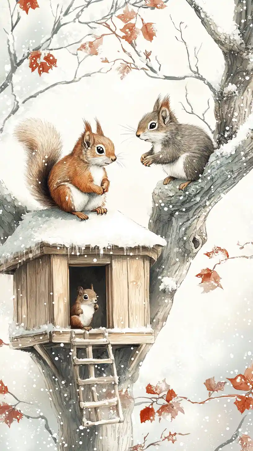 Two squirrels by wooden treehouses in a serene winter scene