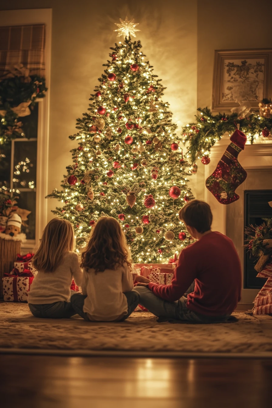 Glückliche Familie versammelt an einem leuchtenden Weihnachtsbaum