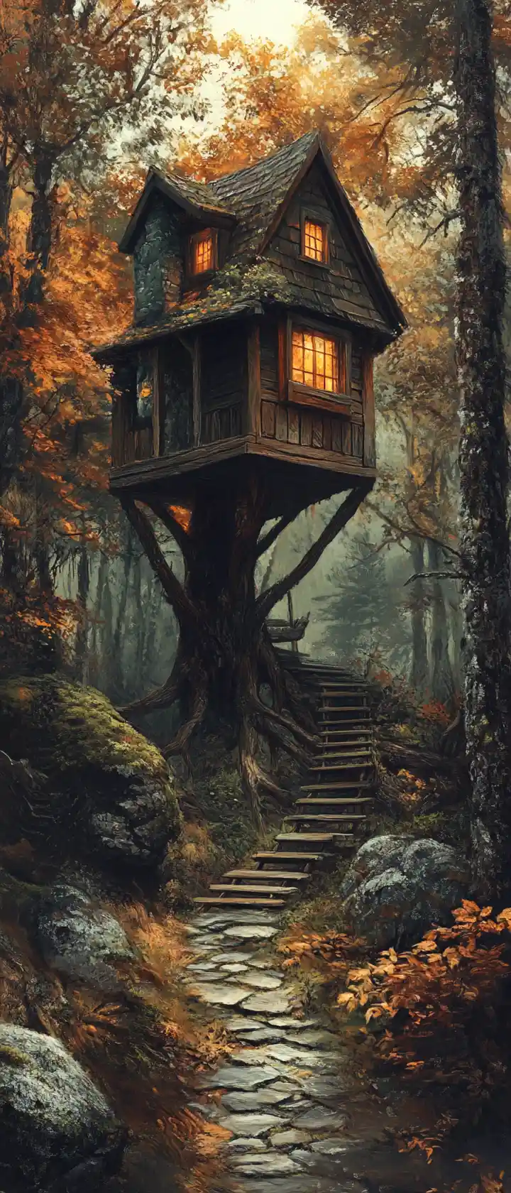 Accogliente casa sull’albero in legno immersa in una tranquilla foresta autunnale