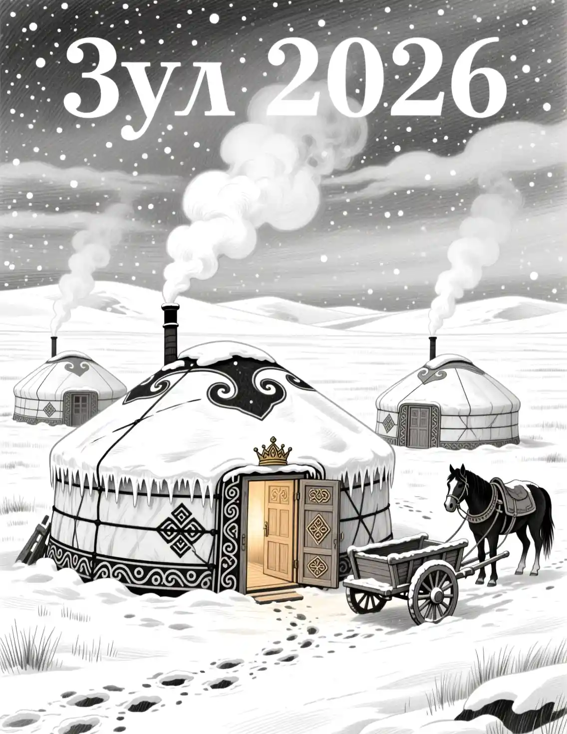 Yourtes d’hiver dans la steppe mongole en dessin au crayon