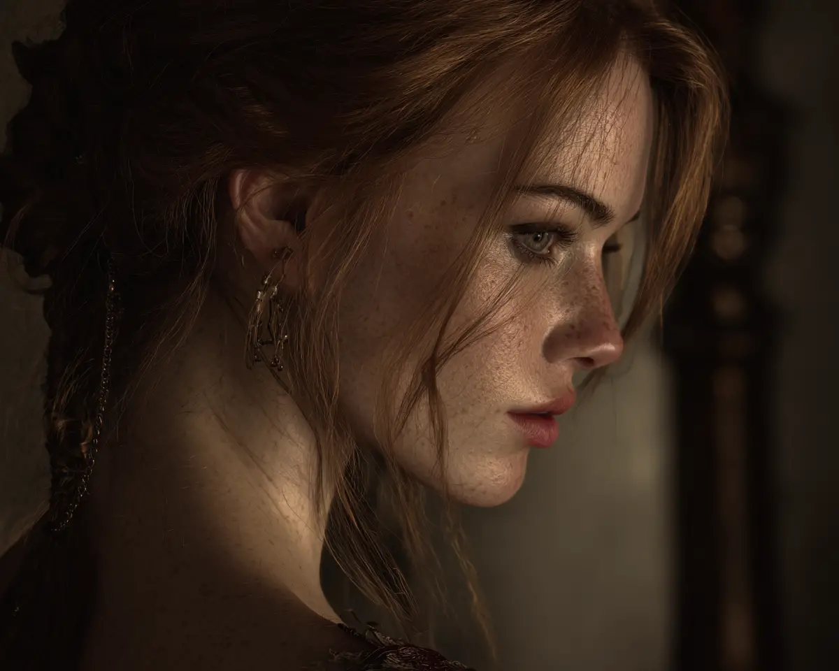 Cinematic side view of a full body alluring woman