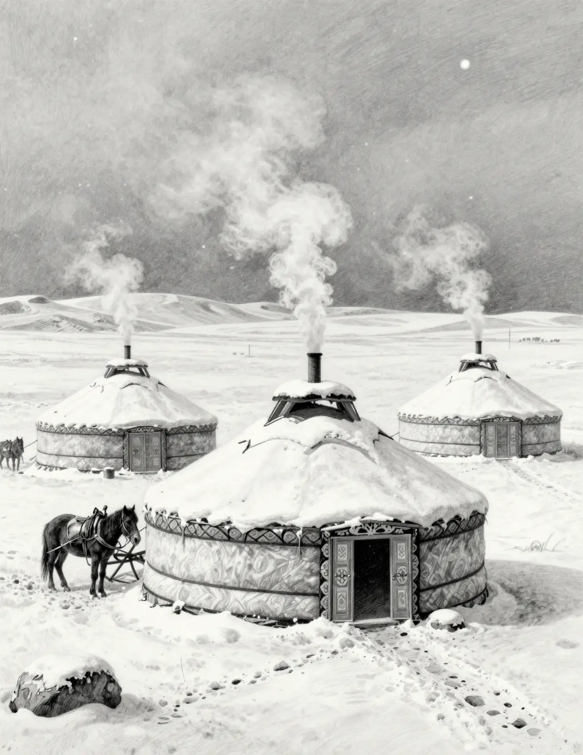 Mongolian yurts in a peaceful snowy winter steppe