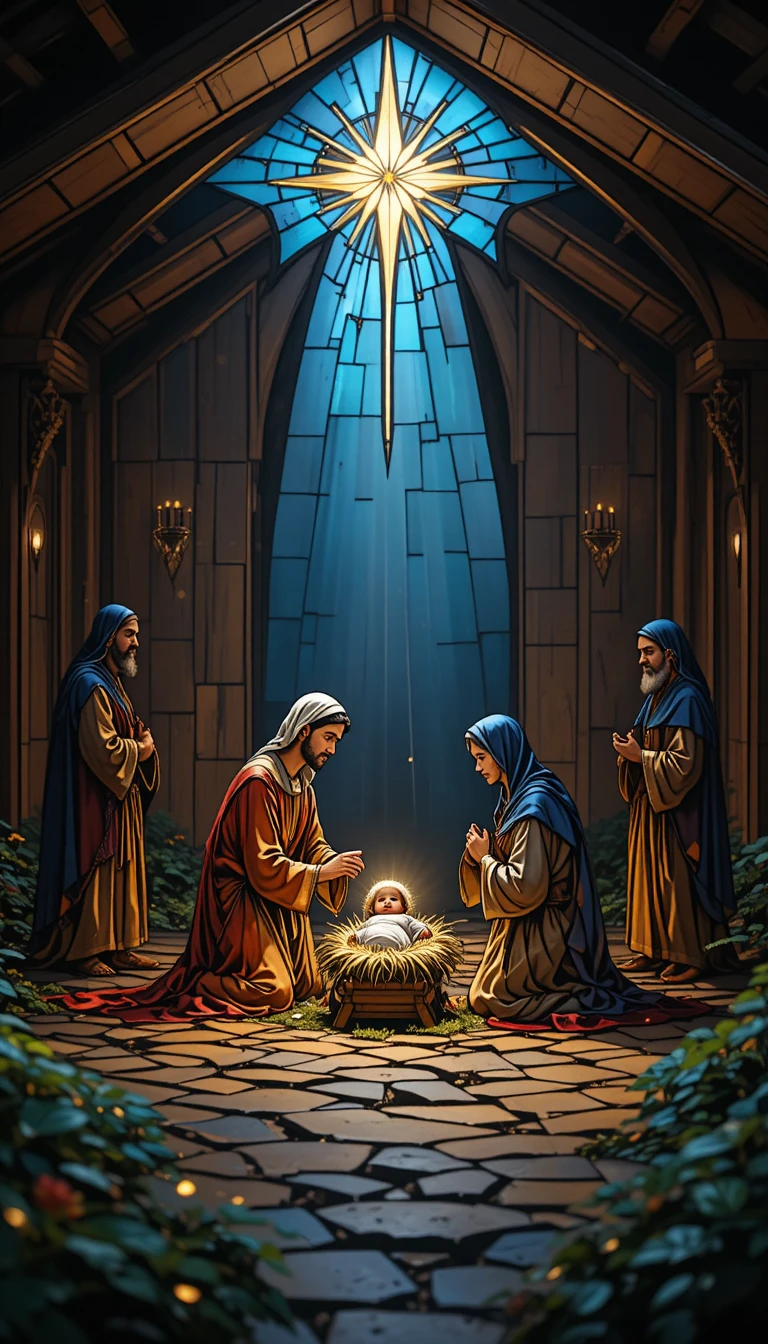 Scena della Natività in vetrata con Sacra Famiglia e Re Magi