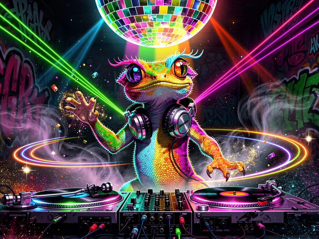 Neon-Kronengecko-DJ legt bunte Disco-Schallplatten auf