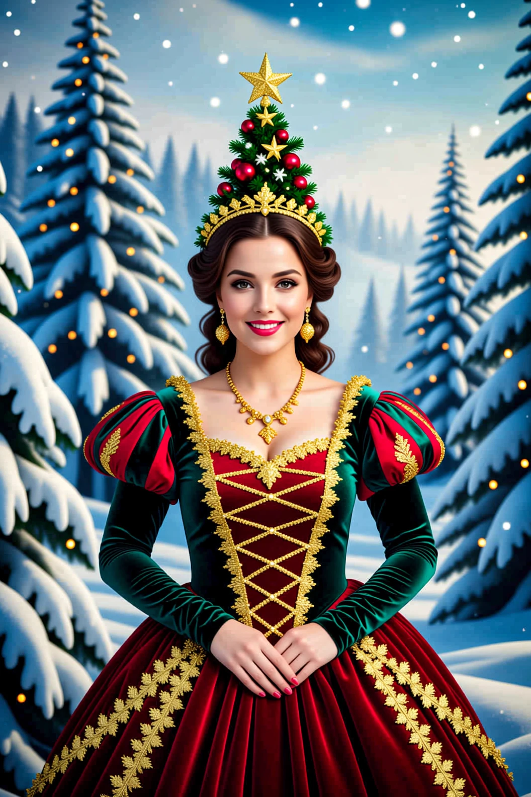 雪林中紅色禮服的優雅聖誕女士