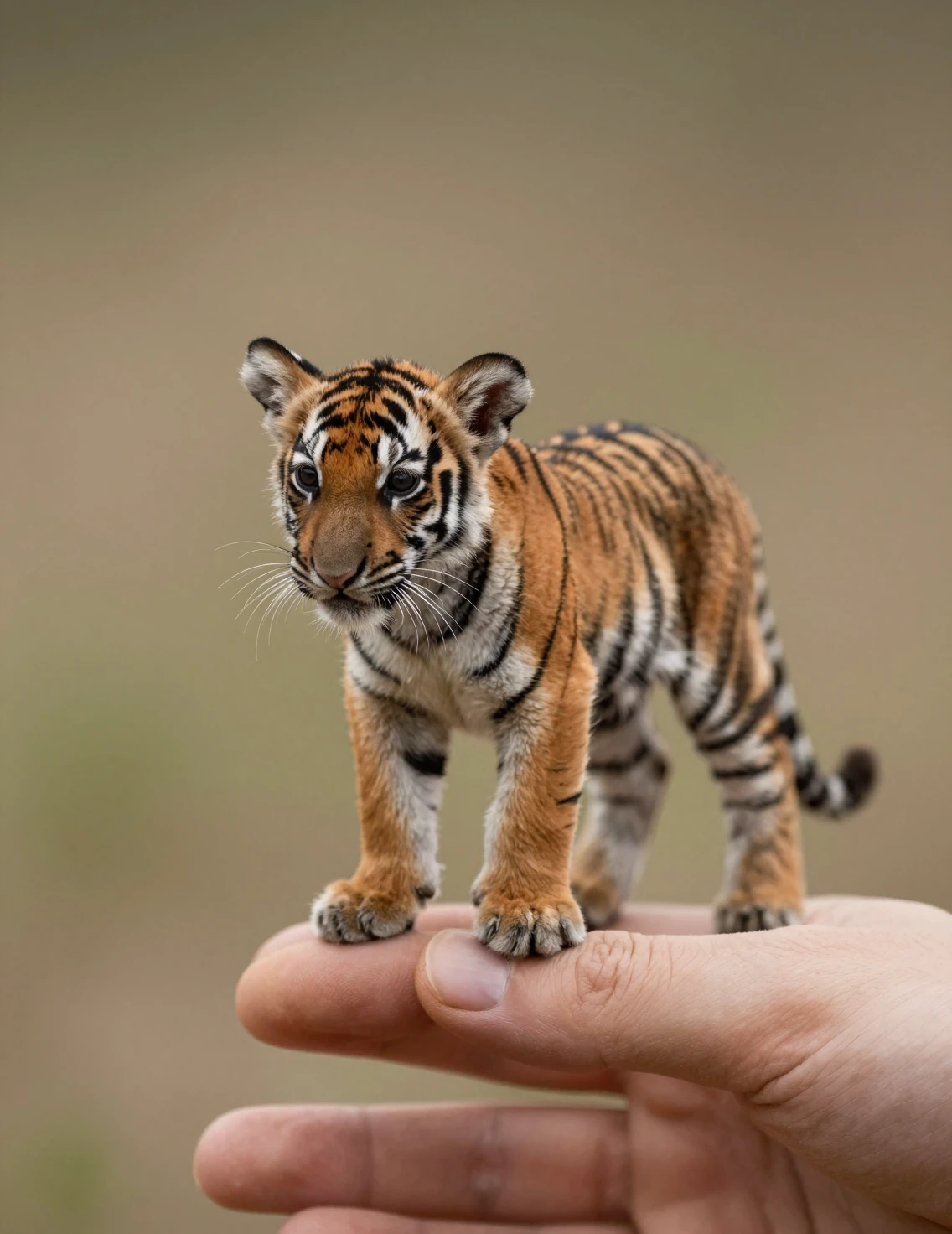 Tiny tiger cub balanced on a human fingertip macro
