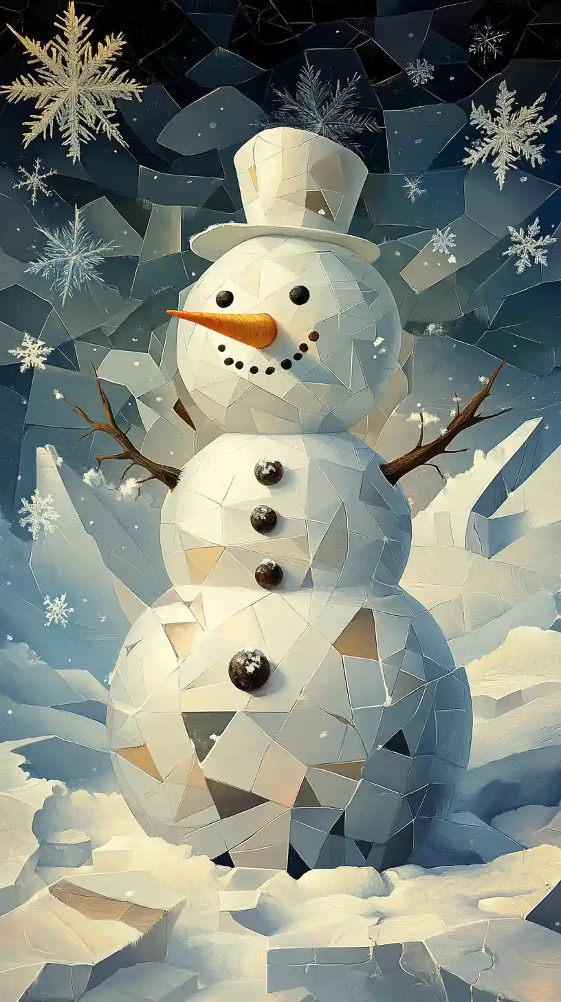Cubist snowman in a fragmented winter wonderland scene