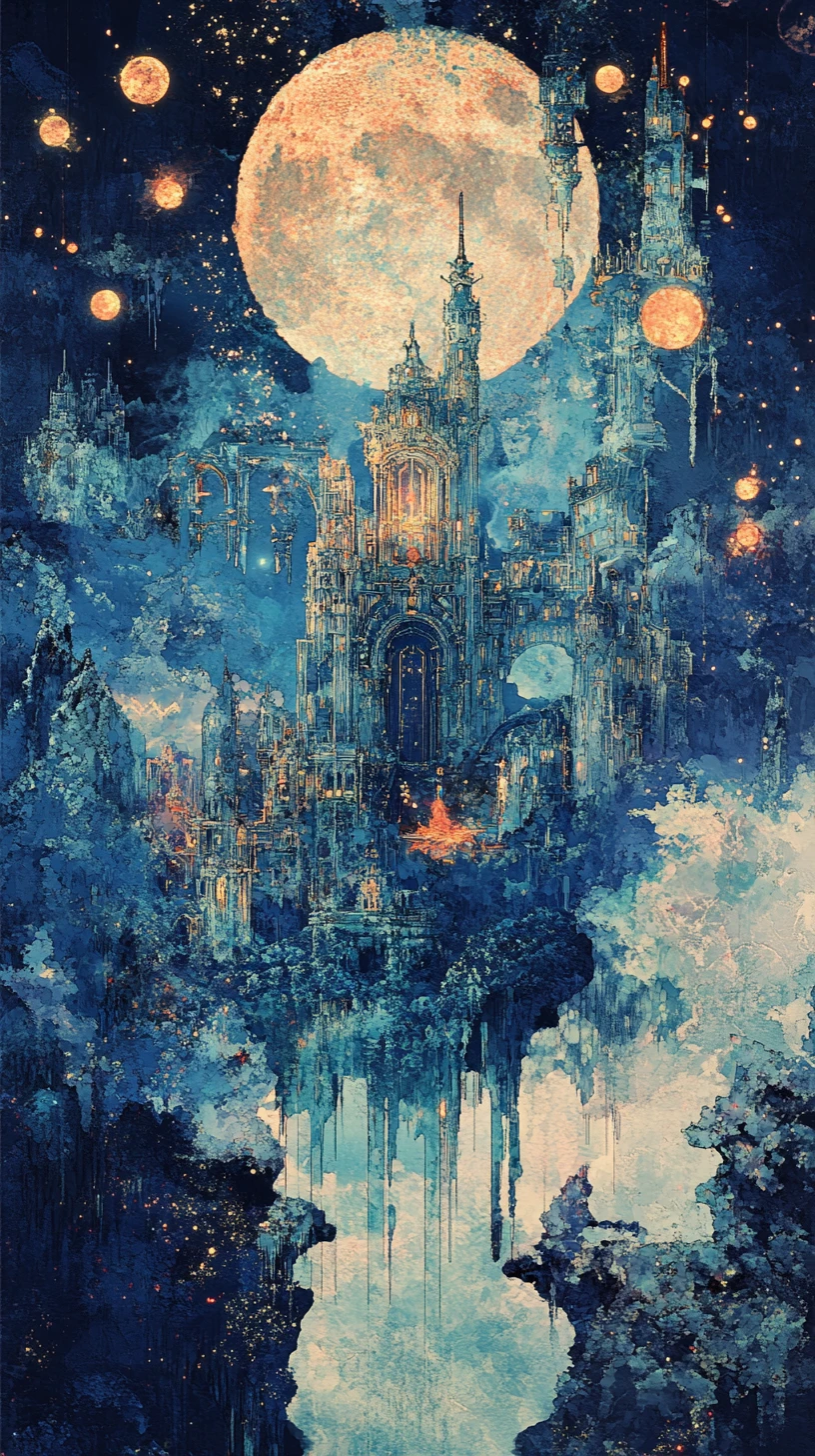 Whimsical fantasy town with shimmering ice palace background