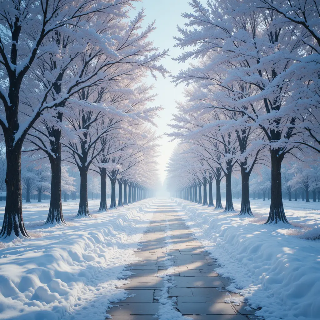 Wide Snowy Sidewalk Framed By Trees In Winter Silence