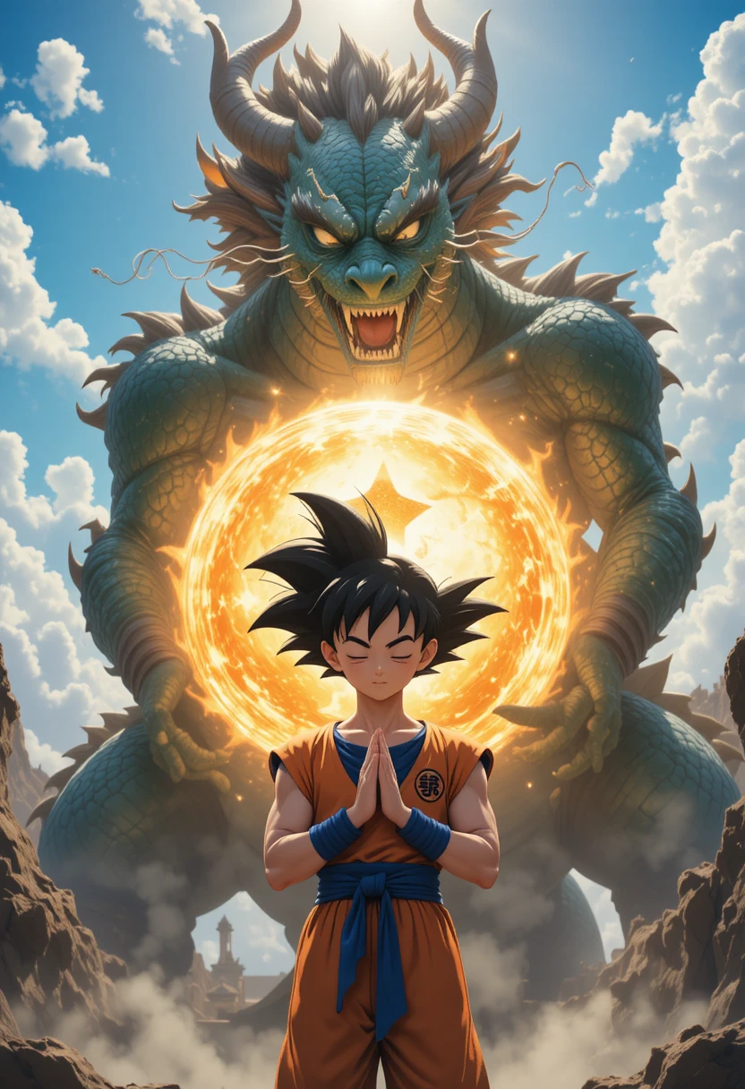 Jeune guerrier priant devant une immense boule de dragon lumineuse