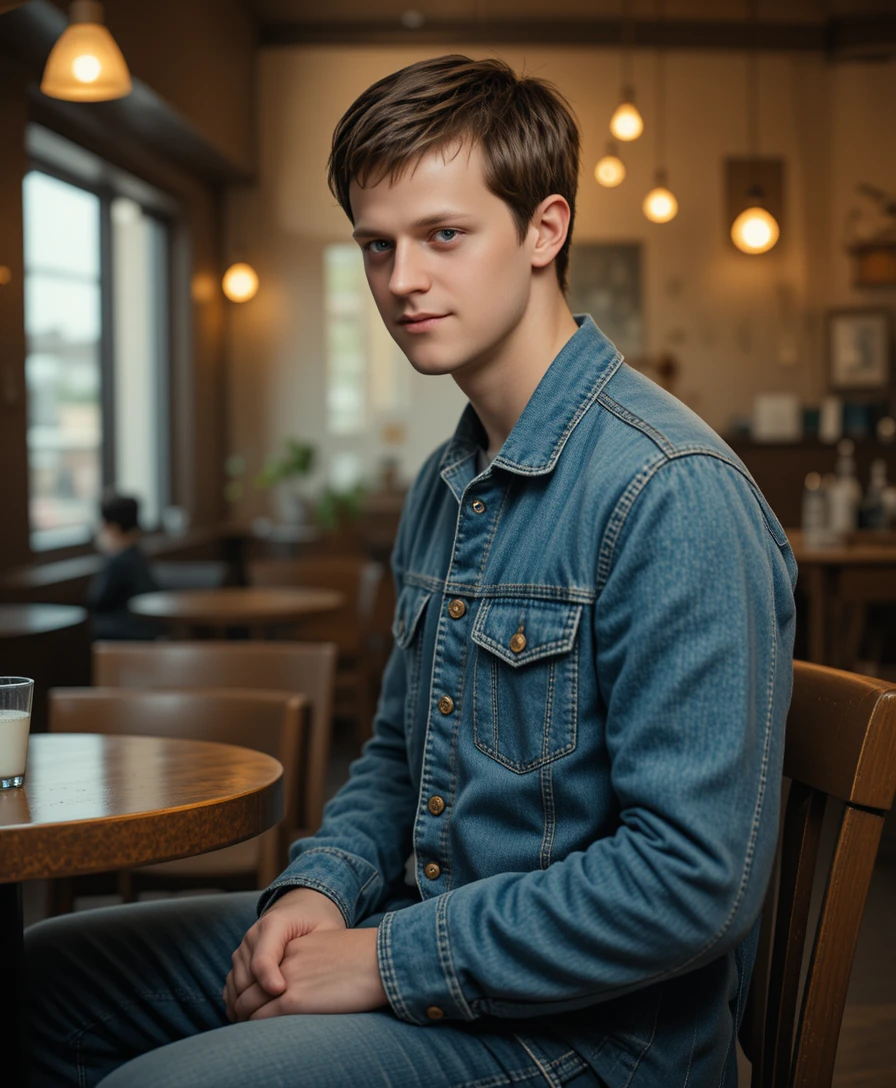 Homme en veste en jean dans une scène de café dramatique