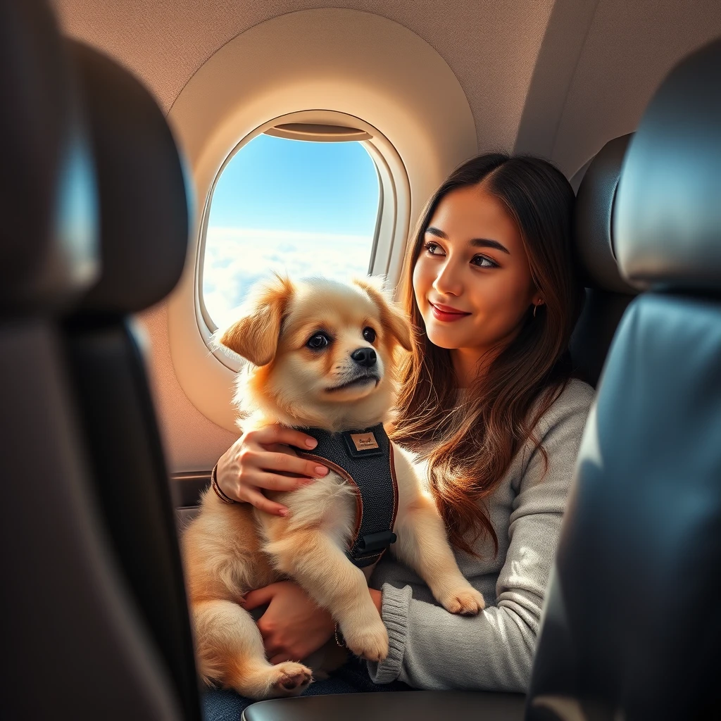 Small dog on airplane window seat with young woman