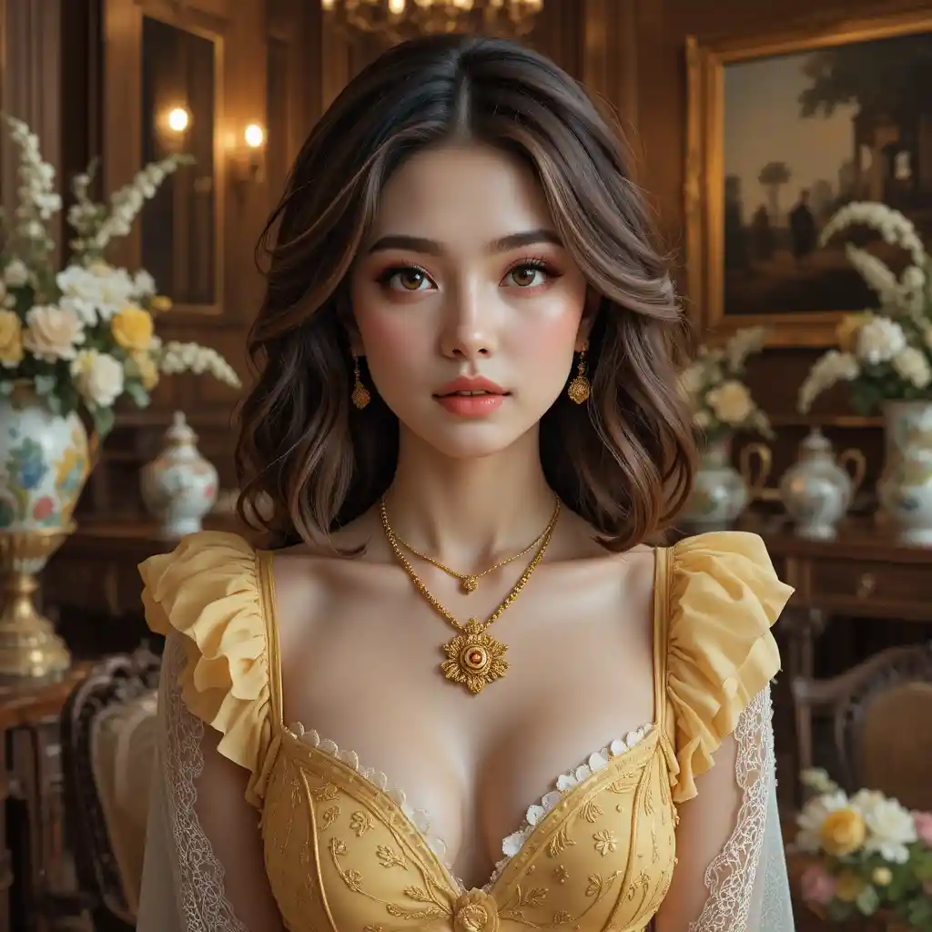 Young woman in yellow dress in romantic vintage interior