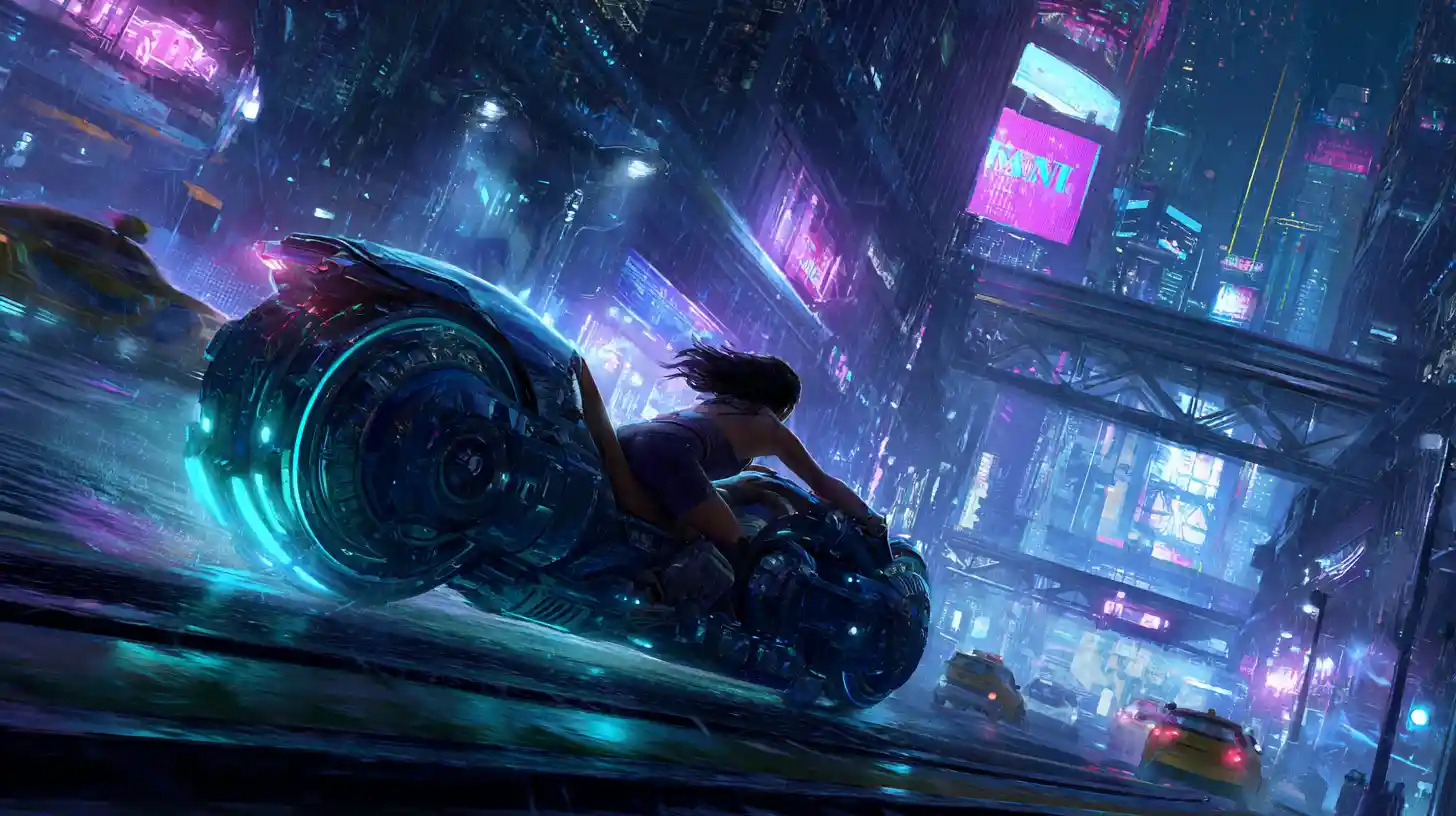 Woman on hovercraft racing through neon cyberpunk city