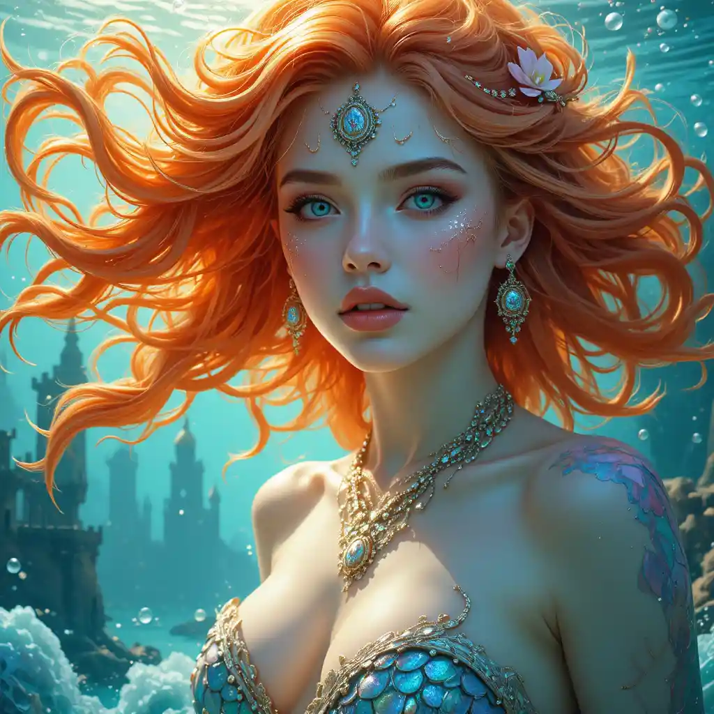 Fiery haired sea goddess in an underwater castle scene