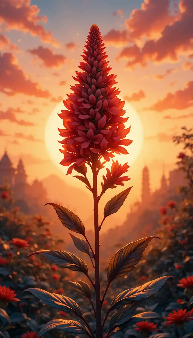 Red celosia flower glowing against a golden sunset sky