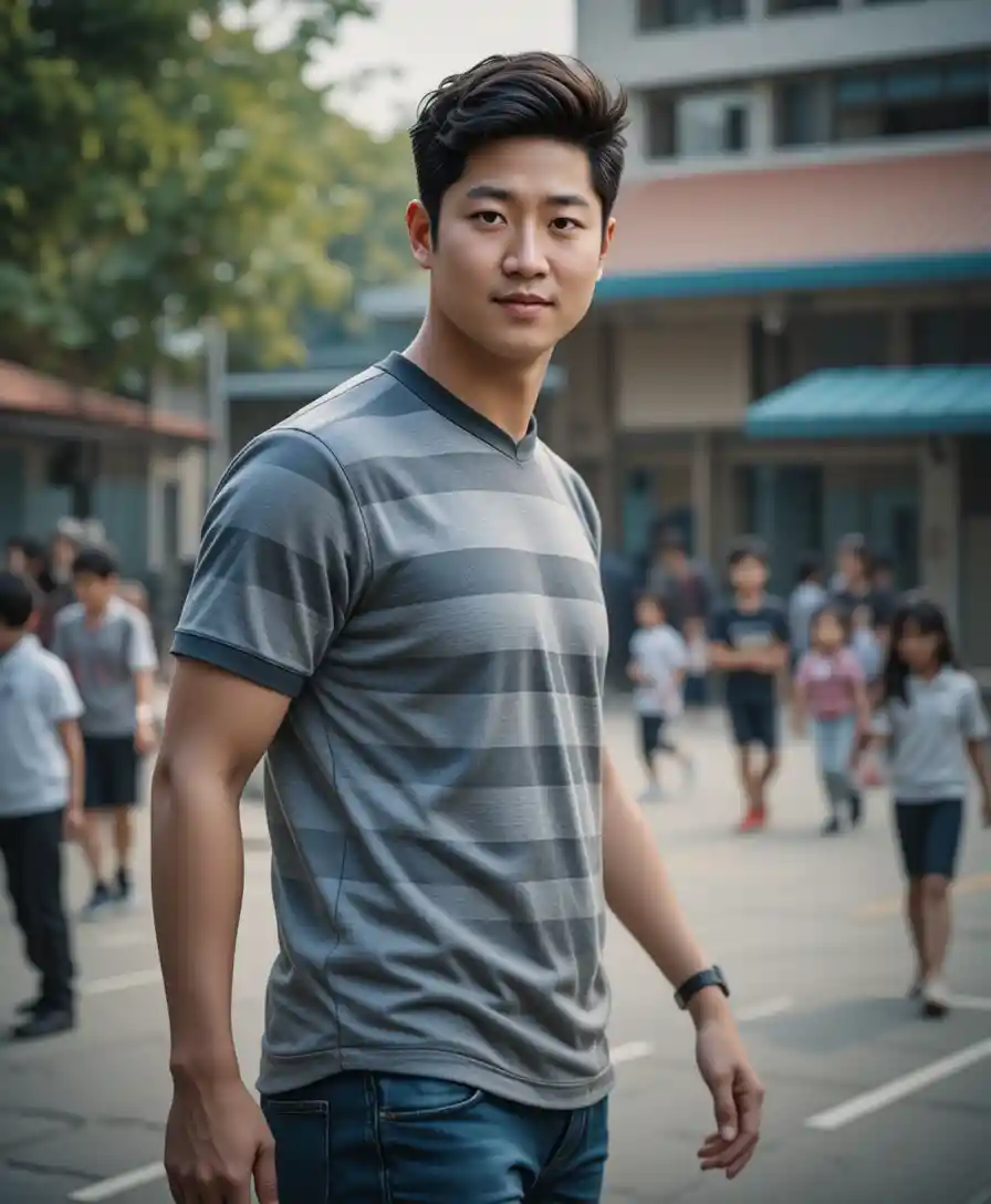 가족 행사 중 학교 운동장에서 미소 짓는 남성