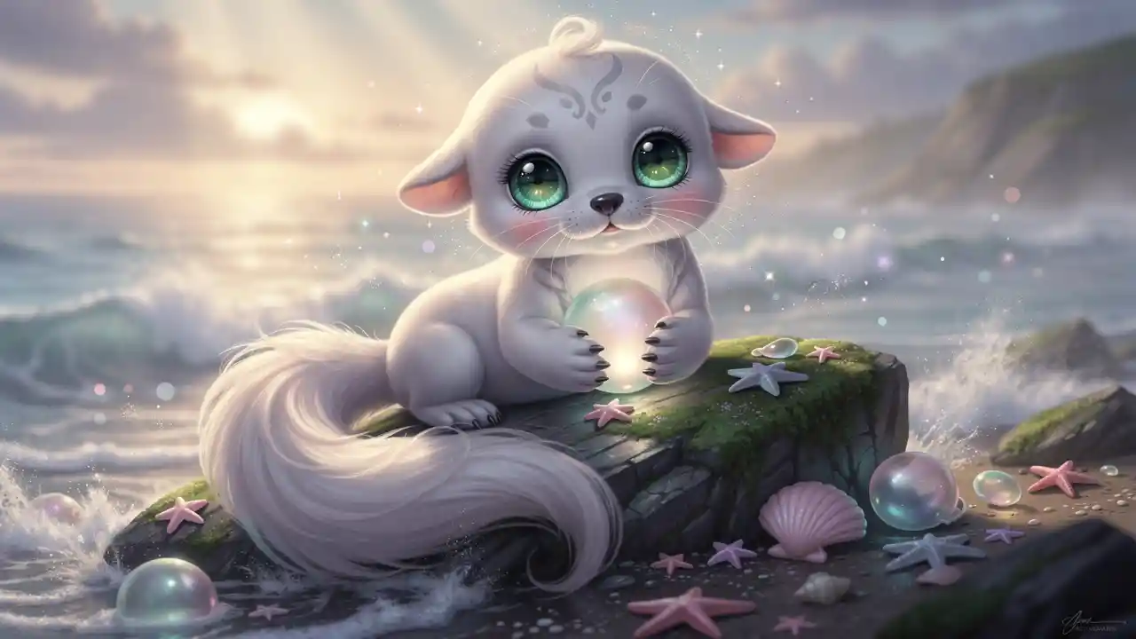 Niedliches Selkie-Baby mit leuchtender Perle am moosigen Felsenstrand