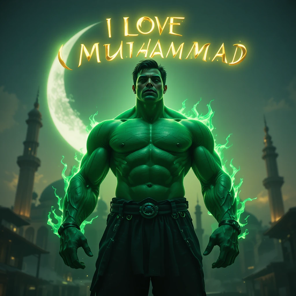 Green superhero in spiritual night scene with mosque and moon