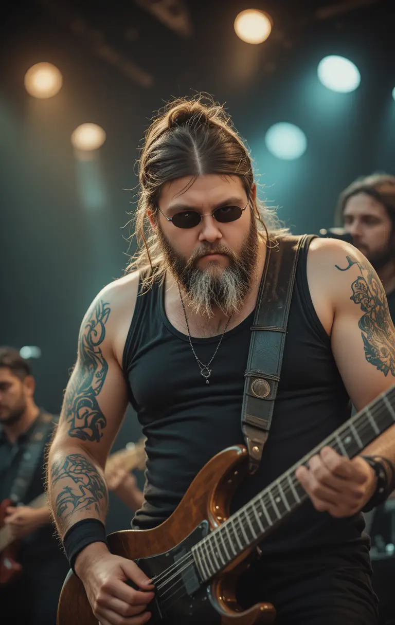 Bearded guitarist in sunglasses shredding on stage at night
