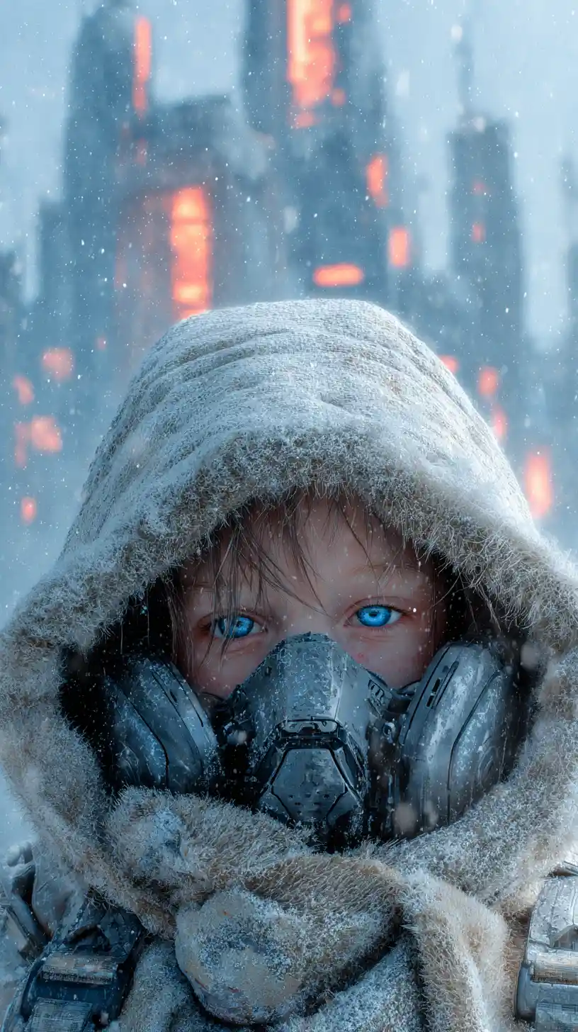 Boy in survival suit in frozen cyberpunk city street