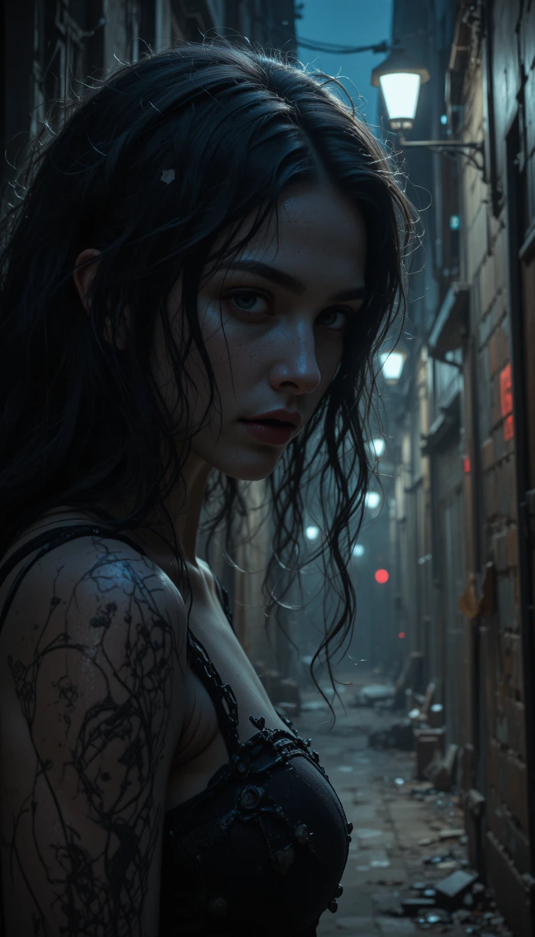 Eerie night alleyway with flickering streetlights and deep shadows