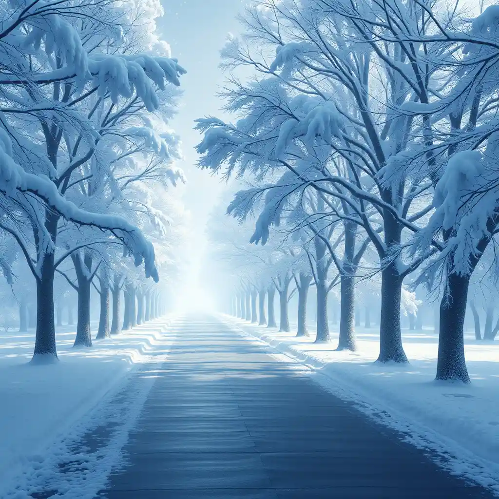 Wide snowy sidewalk lined with tall winter trees