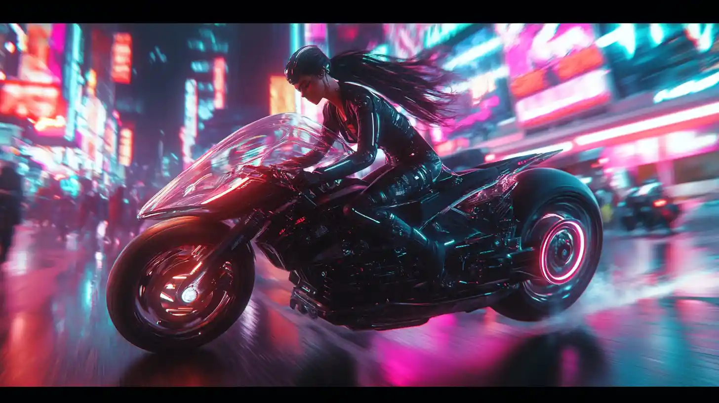 Woman racing a hovercraft through neon cyberpunk streets